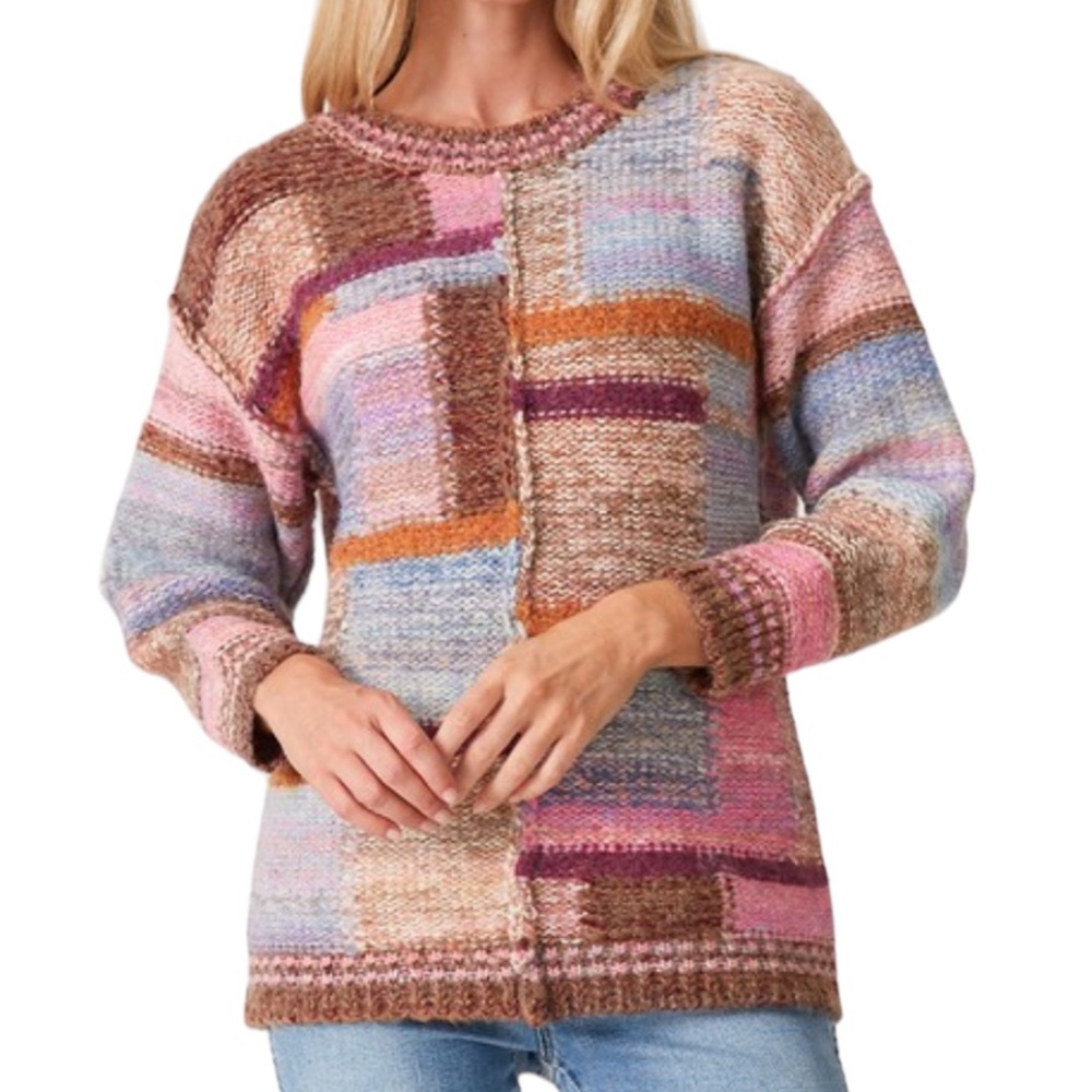 Beautiful Women’s Pink Oversized Multicolor Mixed Patchwork Pullover Sweater NWT
